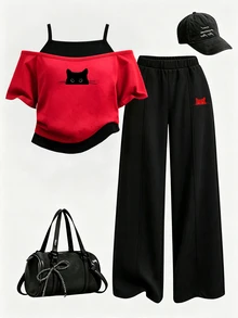 SHEIN Tween Girls Fall Cat Print Layered Short Sleeve T-Shirt & Wide Leg Pants Set, Casual Sweet Autumn Outfit - Multicolor - View 1
