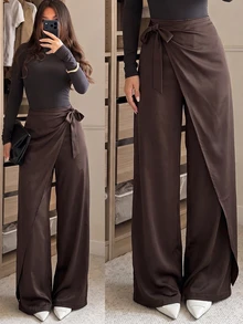 Firerie Women's Elegant Vacation Loose Wide Leg Long Pants, Fashionable Versatile, Apricot Long Pants - Brown - View 8