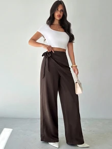 Firerie Women's Elegant Vacation Loose Wide Leg Long Pants, Fashionable Versatile, Apricot Long Pants - Brown - View 5