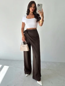 Firerie Women's Elegant Vacation Loose Wide Leg Long Pants, Fashionable Versatile, Apricot Long Pants - Brown - View 4