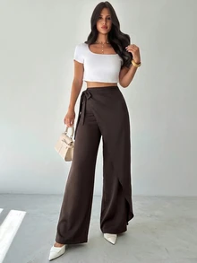 Firerie Women's Elegant Vacation Loose Wide Leg Long Pants, Fashionable Versatile, Apricot Long Pants - Brown - View 3