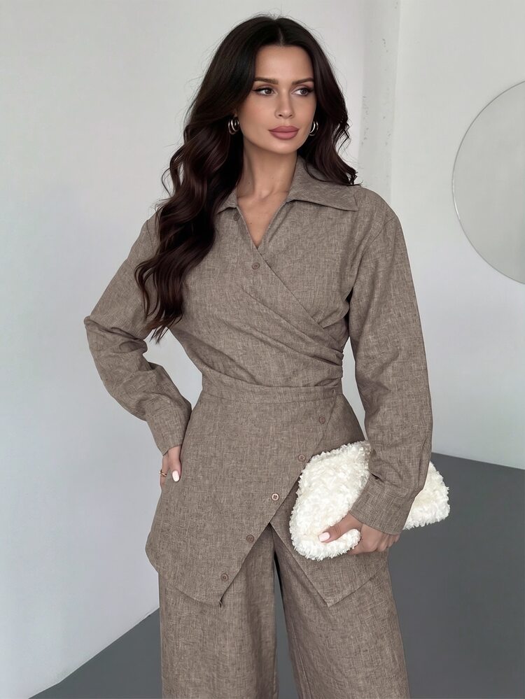 Firerie Women's Waist-Cinching Tie-Front Blouse And Loose Long Pants Casual Set - Khaki - View 5