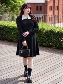 Bijouette 大尺碼法式甜美仿珍珠裝飾長袖針織洋裝 - 黑與白 - 查看 4