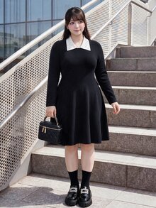 Bijouette 大尺碼法式甜美仿珍珠裝飾長袖針織洋裝 - 黑與白 - 查看 6
