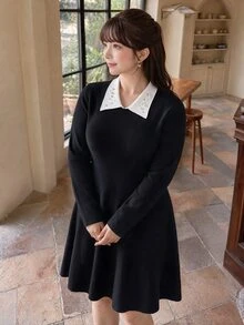Bijouette 大尺碼法式甜美仿珍珠裝飾長袖針織洋裝 - 黑與白 - 查看 3