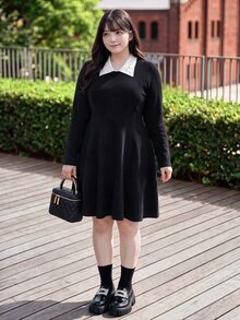 Bijouette 大尺碼法式甜美仿珍珠裝飾長袖針織洋裝 - 黑與白 - 查看 7