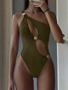 Costavie 女款橄欖綠夏季可愛海灘單肩不對稱鏤空設計金屬扣飾優雅連身泳衣，適合日常海灘派對度假 - 軍綠色 - 查看 1