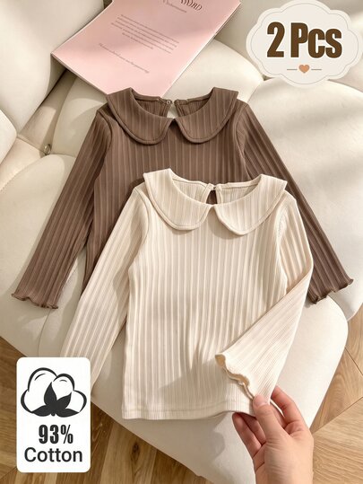 SHEIN Elladie kids 2Pcs Girls Solid Color Ribbed Long Sleeve Peter Pan Collar Top, Soft Cotton Autumn/Winter Casual Sweet T-Shirt