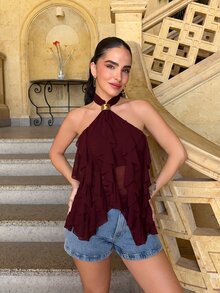 Marta Soriano Women's Elegant Multi-Layer Ruffle Trim Stand Collar Fitted Tank Top - Burgundy - View 6