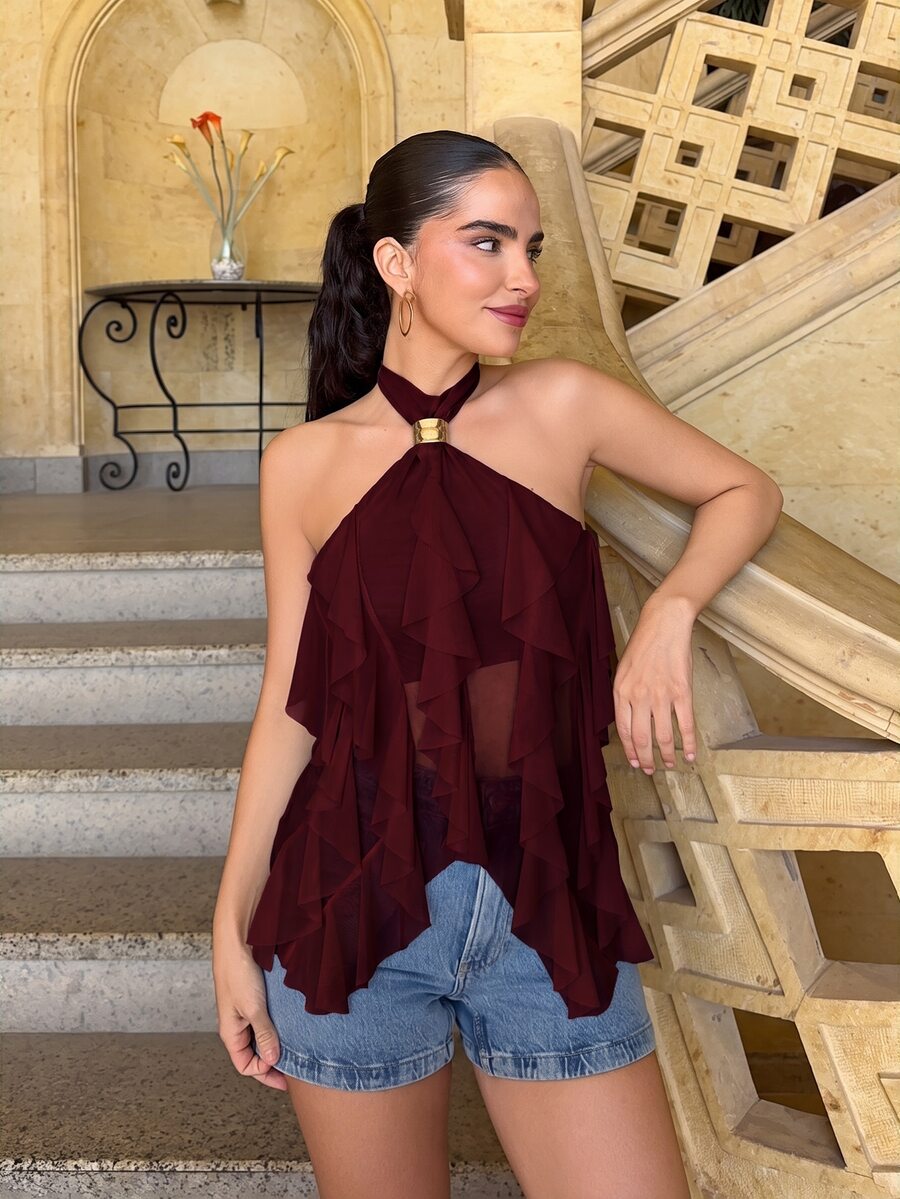 Marta Soriano Women's Elegant Multi-Layer Ruffle Trim Stand Collar Fitted Tank Top - Burgundy - View 1