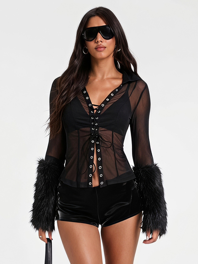Maglietta da donna stile Y2K Hot Girl per tutte le stagioni con colletto a risvolto, patchwork in pizzo trasparente con lacci e polsini a righe