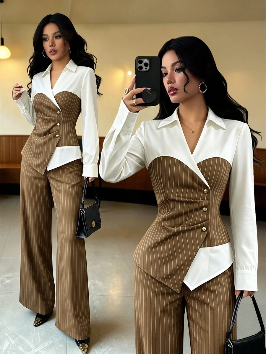 Elenzga Autumn Commute Office Wear Elegant 2 Pieces Striped Minimalist Set - Brown - View 1