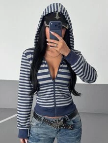 Elamini 女款秋季黑色條紋針織拉鍊連帽衛衣 修身顯瘦 大學校園街頭風 Y2K 學院風復古休閒日常灰色 - 藏蓝色 - 查看 4