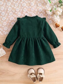 SHEIN Infant Girls Cute Green Baby Girl Corduroy Embroidered Pattern Long Sleeve Autumn Dress - Green - View 2