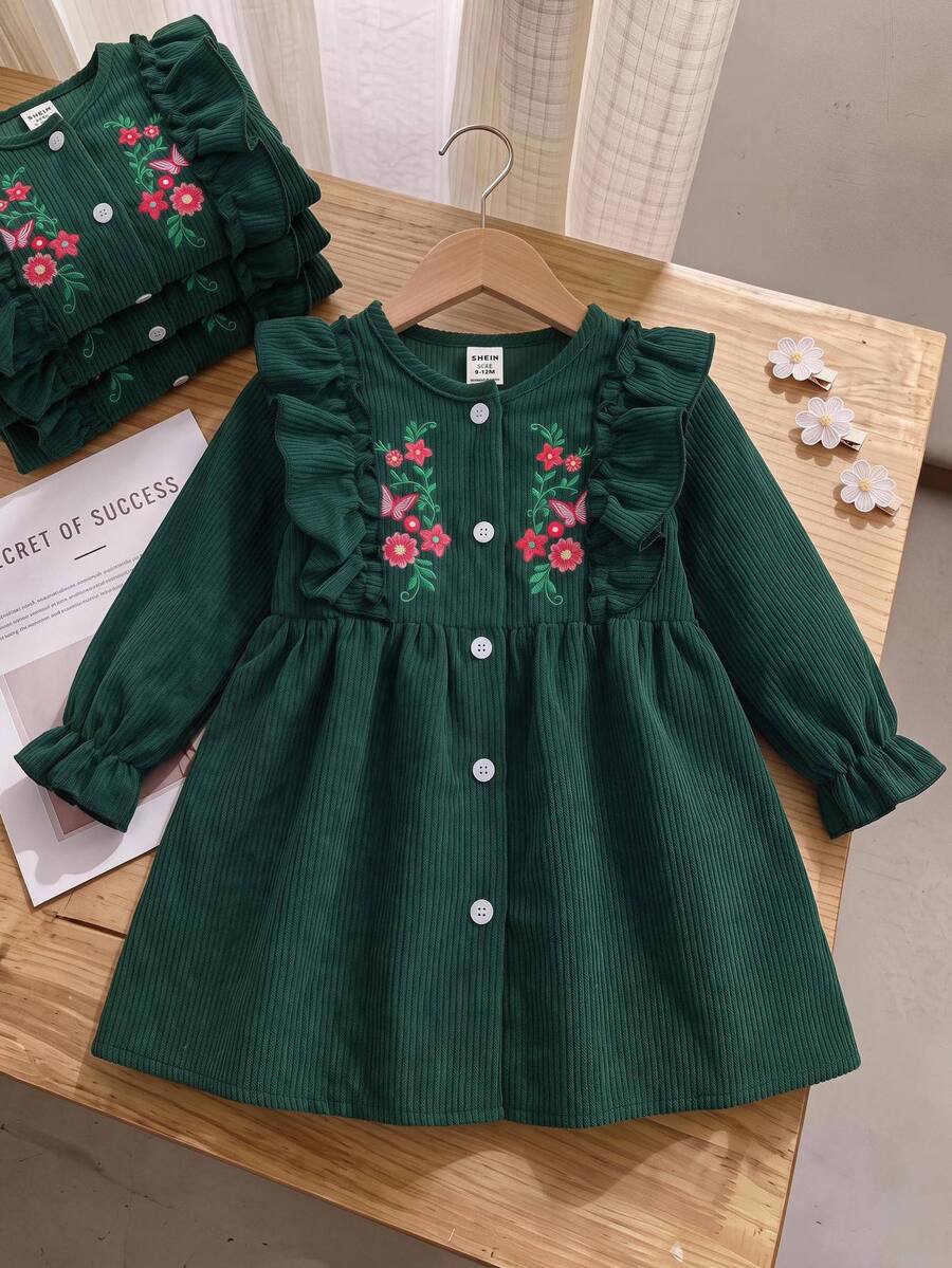 SHEIN Infant Girls Cute Green Baby Girl Corduroy Embroidered Pattern Long Sleeve Autumn Dress - Green - View 1