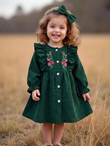 SHEIN Infant Girls Cute Green Baby Girl Corduroy Embroidered Pattern Long Sleeve Autumn Dress - Green - View 1
