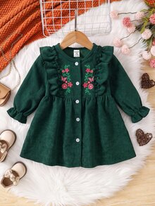 SHEIN Infant Girls Cute Green Baby Girl Corduroy Embroidered Pattern Long Sleeve Autumn Dress - Green - View 3