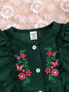 SHEIN Infant Girls Cute Green Baby Girl Corduroy Embroidered Pattern Long Sleeve Autumn Dress - Green - View 4