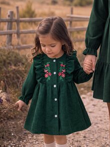 SHEIN Infant Girls Cute Green Baby Girl Corduroy Embroidered Pattern Long Sleeve Autumn Dress - Green - View 9