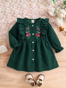 SHEIN Infant Girls Cute Green Baby Girl Corduroy Embroidered Pattern Long Sleeve Autumn Dress - Green - View 7