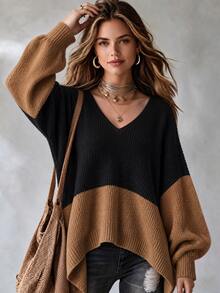 LUMIGAL Women's Vintage Colorblock Long Sleeve Fashion Knit Top - Black - View 2
