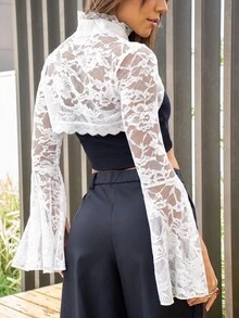 Hariany Almeida 女款哥特風格分襟蕾絲背心，前開衩式，袖子擴口設計 - 白色 - 查看 4