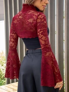 Hariany Almeida Spring Gothic Style Open Front Frill Flare Sleeve Lace Trim Top For Women - Burgundy - View 6