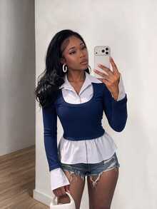 BamGleam Women's Casual Faux Two-Piece Notch Collar Patchwork Slim Top For Spring/Fall - Blue - View 10