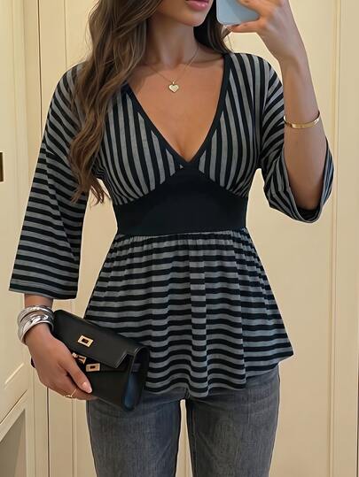 INAWLY Solva Women's Plus Size Long Sleeve Fitted Sexy V-Neck Striped T-Shirt, Sexy Waist-Flattering Deep V-Neck Minimalist Fashion Versatile Long Sleeve T-Shirt, Suitable For Walking, Home Wear And Other Occasions