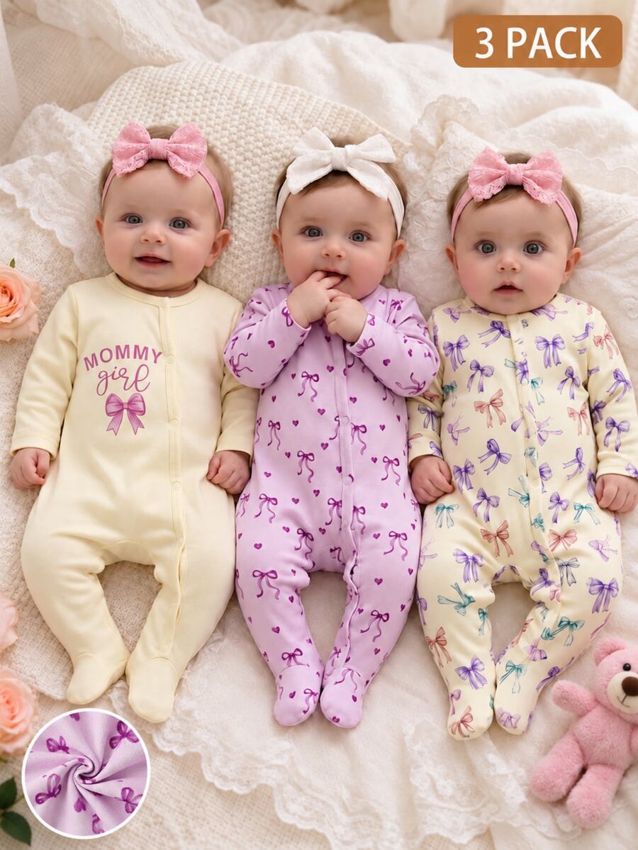 SHEIN 新生兒嬰兒3件套可愛粉色夏季連身褲 針織心形滿版印花 MOMMY 女孩蝴蝶結長袖按扣開合 親子套裝