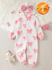 女童連帽長袖連身法蘭絨居家服，粉色蝴蝶結印花，休閒舒適甜美保暖，內層加絨，冬季穿著 - 粉色 - 查看 3