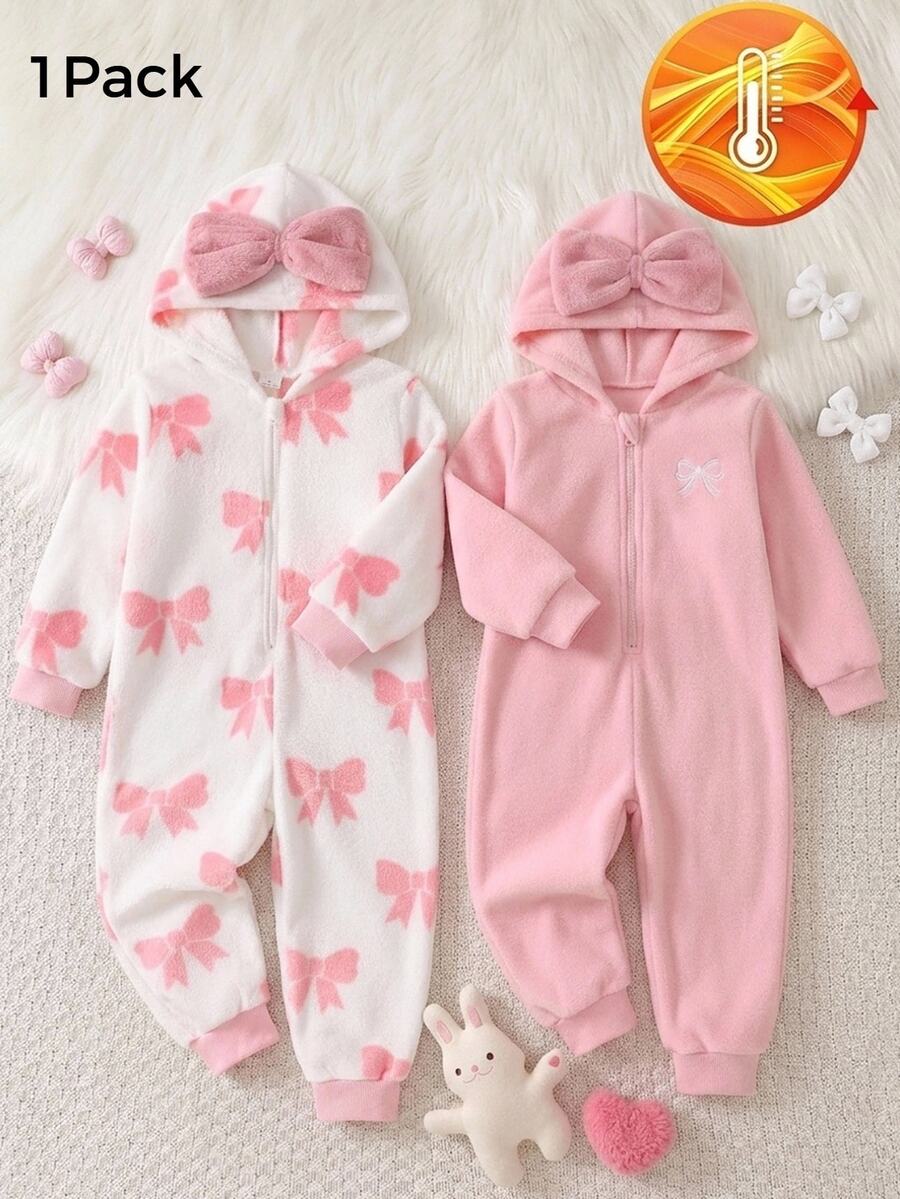 女童連帽長袖連身法蘭絨居家服，粉色蝴蝶結印花，休閒舒適甜美保暖，內層加絨，冬季穿著 - 粉色 - 查看 1