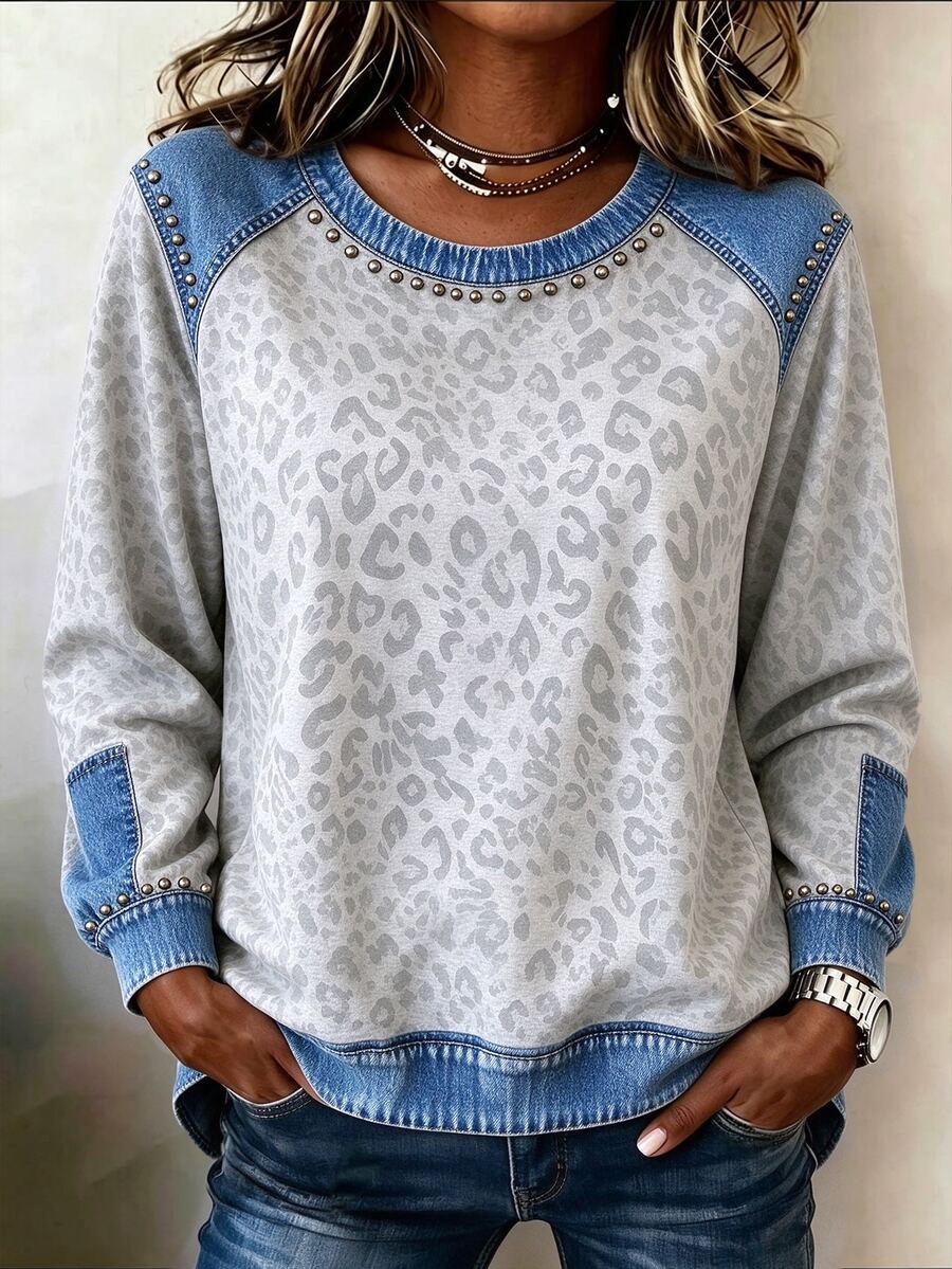 Linhara CURVE Plus Size Women's Leopard Print Colorblock Casual Daily Long Sleeve Sweatshirt - Multicolor - View 1
