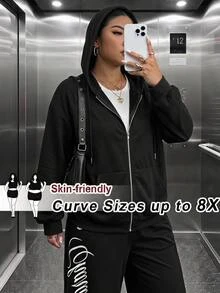 SHEIN CURVE+ Plus Size Zip Up Raglan Sleeve Drawstring Hoodie,Fall Tops,Fall Women Clothes - Black - View 1