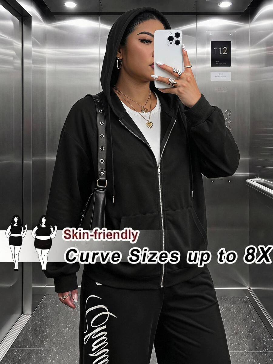 SHEIN CURVE+ Plus Size Zip Up Raglan Sleeve Drawstring Hoodie,Fall Tops,Fall Women Clothes - Black - View 1