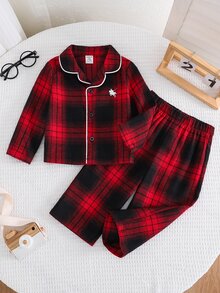 SHEIN 中性嬰兒男/女嬰 2件組秋冬休閒可愛紅黑格紋睡衣套裝，居家休閒服，適合居家休息與聖誕睡衣 - 紅色 - 查看 2