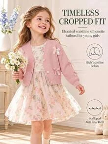 SHEIN Vintaside Kids 女童粉色羅紋V領長袖蝴蝶結貼飾前開扣開襟衫 - 粉色 - 查看 9