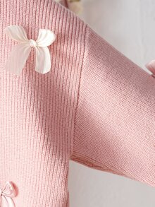 SHEIN Vintaside Kids 女童粉色羅紋V領長袖蝴蝶結貼飾前開扣開襟衫 - 粉色 - 查看 8