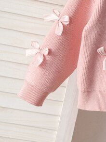 SHEIN Vintaside Kids 女童粉色羅紋V領長袖蝴蝶結貼飾前開扣開襟衫 - 粉色 - 查看 5