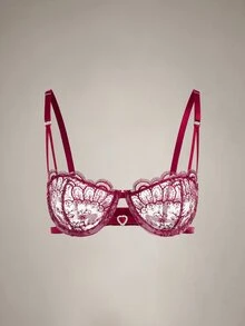 DreamPoppy 2pcs Women Embroidered Lace Lingerie Set, Sheer Heart-Shaped Bra And Bow Panty, Comfortable Homewear Style - Burgundy - View 12