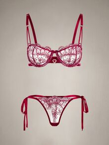 DreamPoppy 2pcs Women Embroidered Lace Lingerie Set, Sheer Heart-Shaped Bra And Bow Panty, Comfortable Homewear Style - Burgundy - View 7
