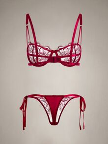 DreamPoppy 2pcs Women Embroidered Lace Lingerie Set, Sheer Heart-Shaped Bra And Bow Panty, Comfortable Homewear Style - Burgundy - View 8