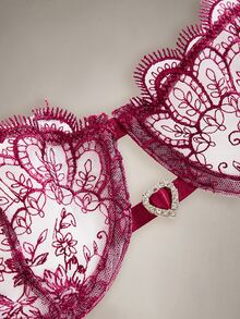 DreamPoppy 2pcs Women Embroidered Lace Lingerie Set, Sheer Heart-Shaped Bra And Bow Panty, Comfortable Homewear Style - Burgundy - View 9