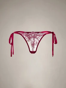 DreamPoppy 2pcs Women Embroidered Lace Lingerie Set, Sheer Heart-Shaped Bra And Bow Panty, Comfortable Homewear Style - Burgundy - View 15