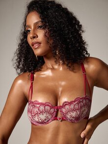 DreamPoppy 2pcs Women Embroidered Lace Lingerie Set, Sheer Heart-Shaped Bra And Bow Panty, Comfortable Homewear Style - Burgundy - View 6
