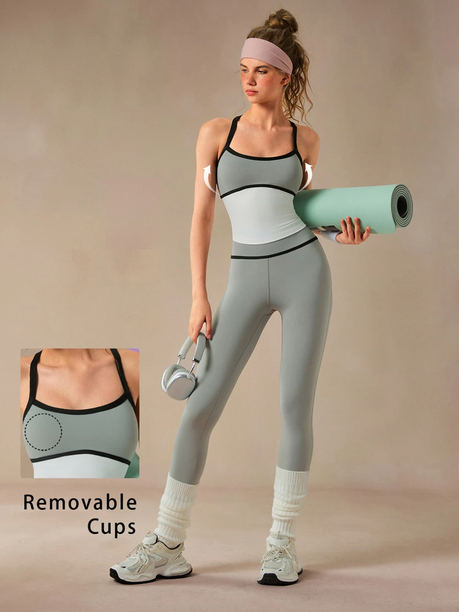 VARSIVA Women's Striped Colorblock Tank Top And Fitted Leggings Sports Set - Multicolor - View 1