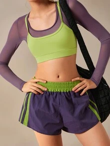 VARSIVA Women's 2 Pieces Faux Layered Long Sleeve Top And Shorts Casual Daily Sports Set - Multicolor - View 7