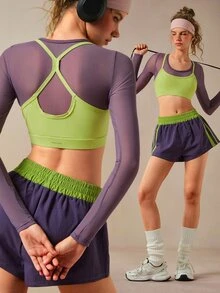 VARSIVA Women's 2 Pieces Faux Layered Long Sleeve Top And Shorts Casual Daily Sports Set - Multicolor - View 10