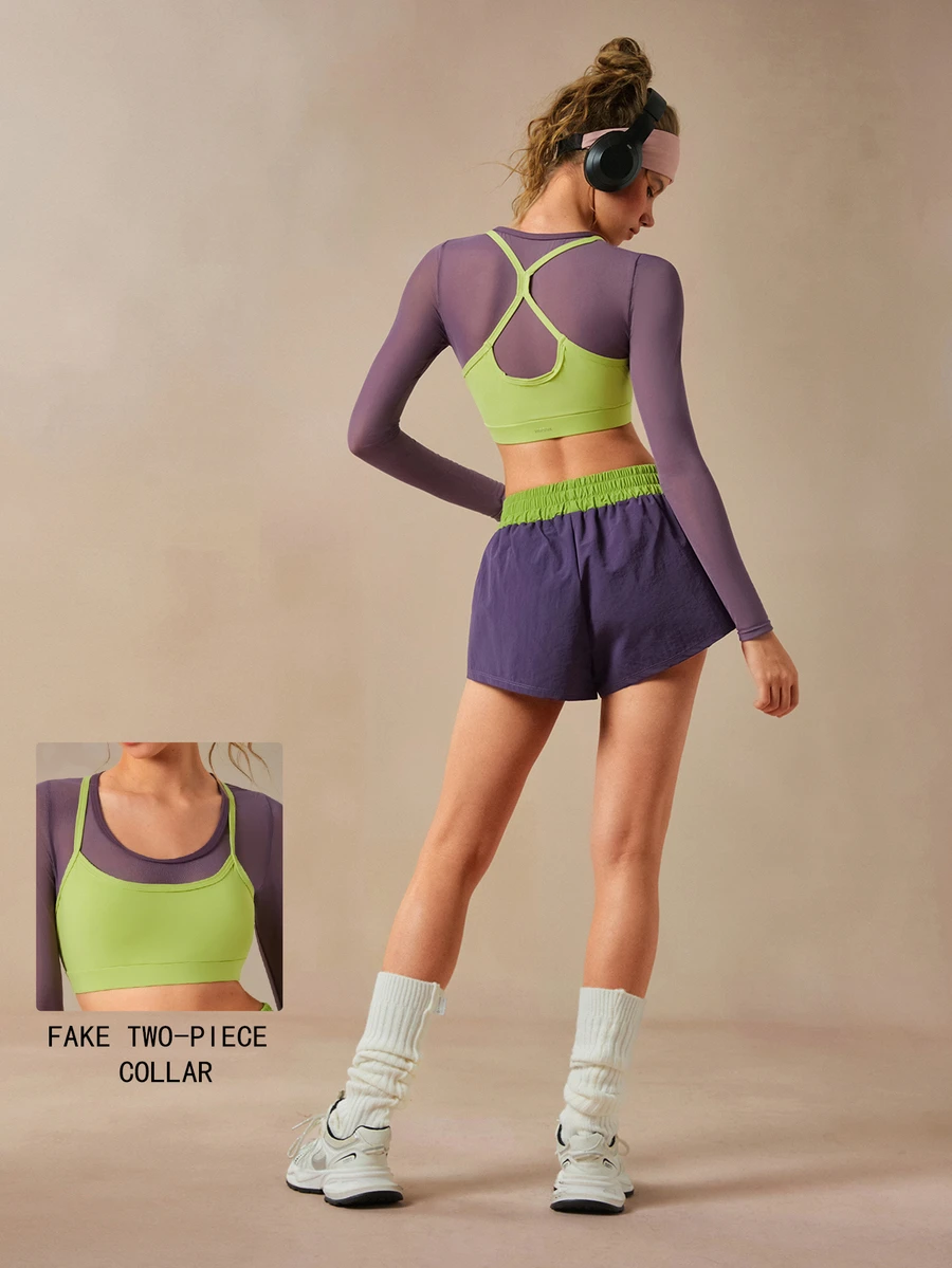 VARSIVA Women's 2 Pieces Faux Layered Long Sleeve Top And Shorts Casual Daily Sports Set - Multicolor - View 1