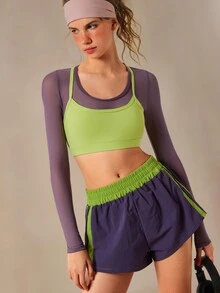 VARSIVA Women's 2 Pieces Faux Layered Long Sleeve Top And Shorts Casual Daily Sports Set - Multicolor - View 4